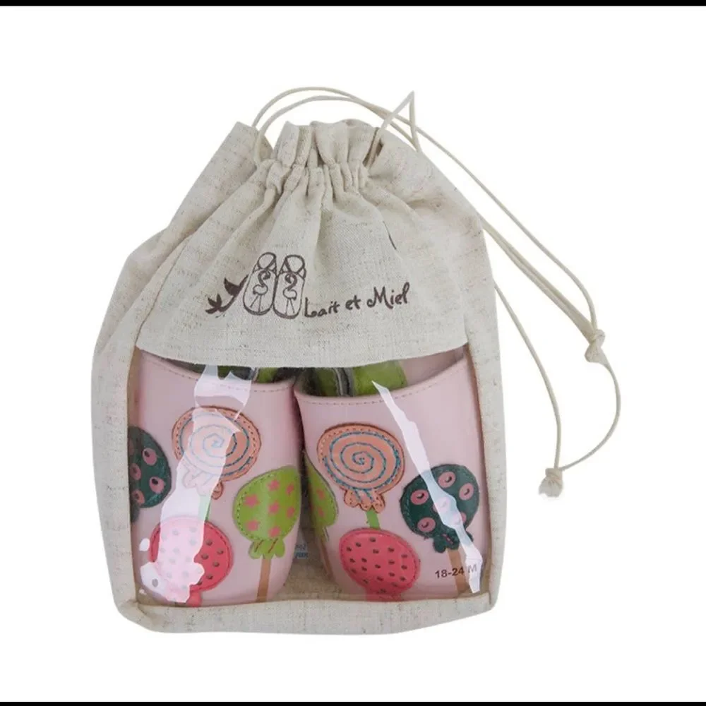 Baby leather slippers - Lollipop design in pinks and green colors for fun
